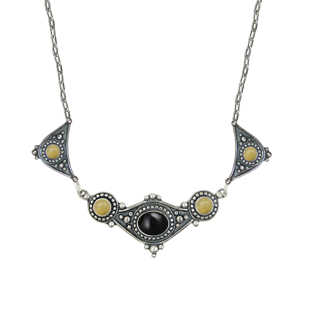 Sterling Silver Romantic Necklace With Black Onyx And Yellow Aragonite